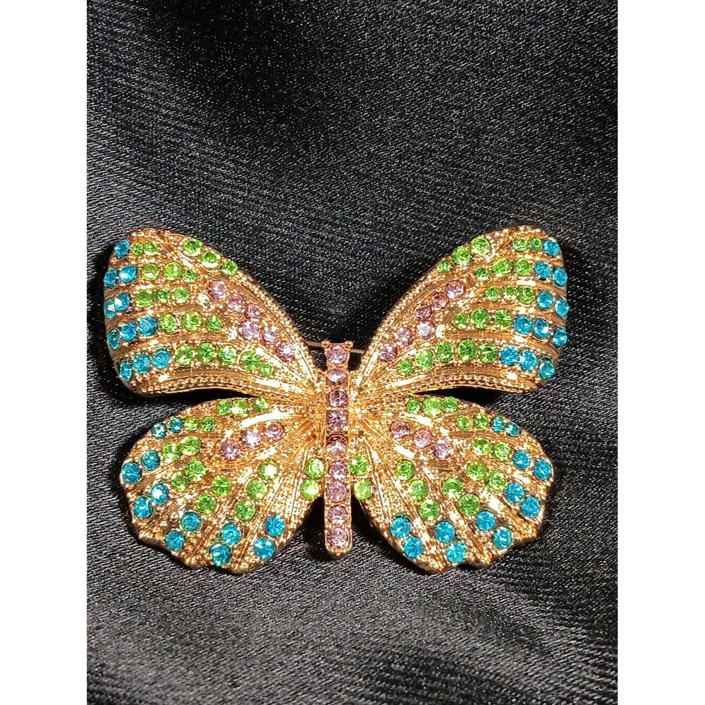 Monet Butterfly Brooch Pin Multi-Colored Pastel Stones Gold Tone Metal EUC